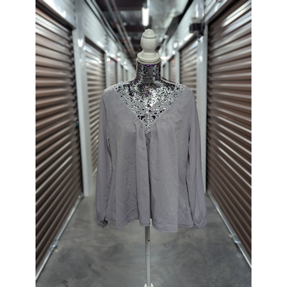 Grace Karen Oversized Small Grey Lace Chiffon Blouse
